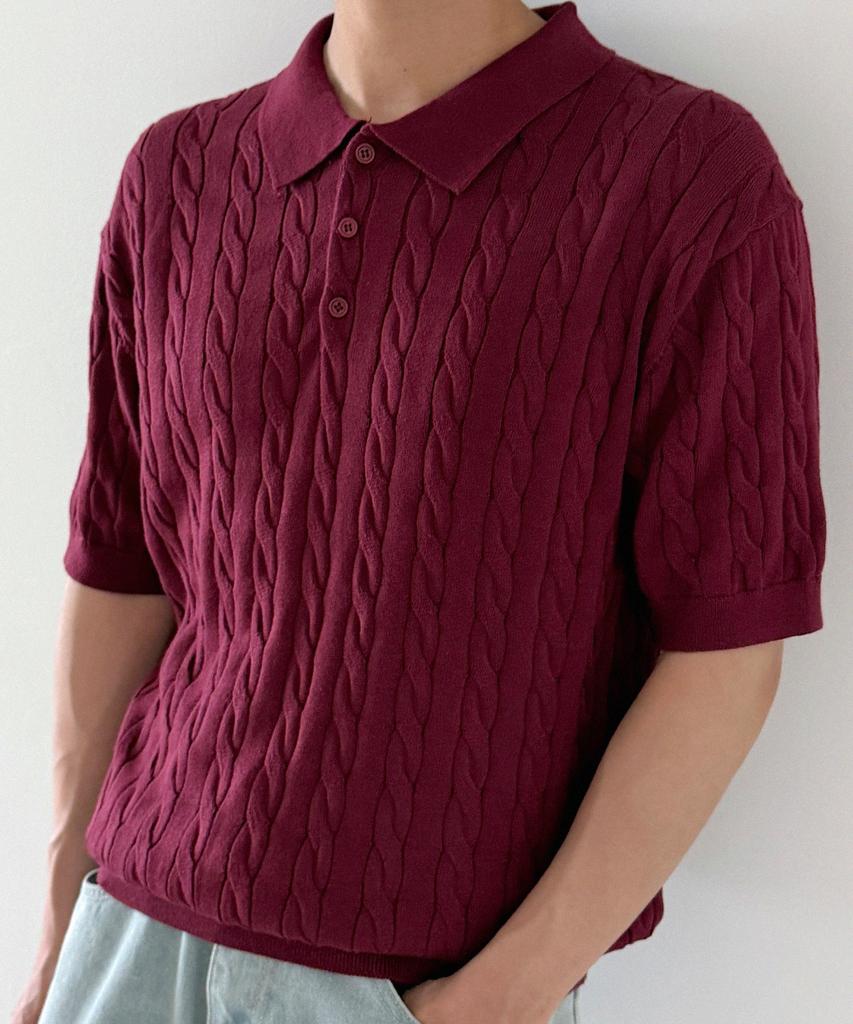 ORIGINALDAY Cotton Cable Short Sleeve Collared Knit Burgundy
