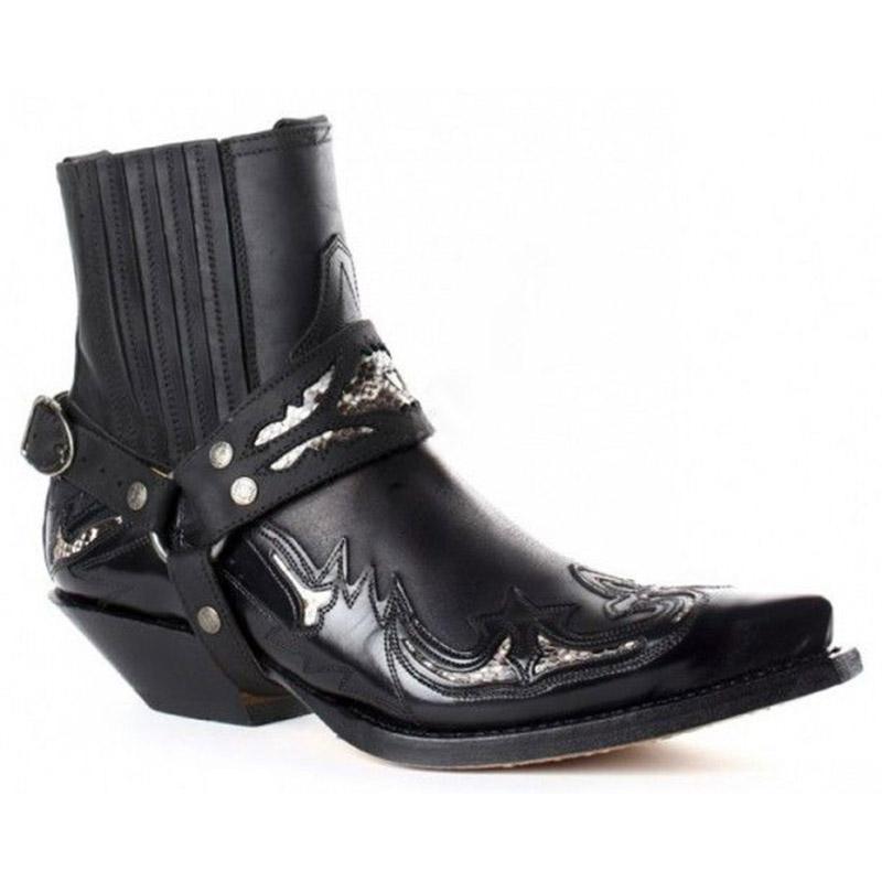 Herrenstiefel Spitz zulaufend Knöchelhohe Stiefel Modische Stickerei Cowboystiefel Leder Mittlerer Absatz Chelsea Boot Zum Hineinschlüpfen Schnallenriemen Ritterstiefel