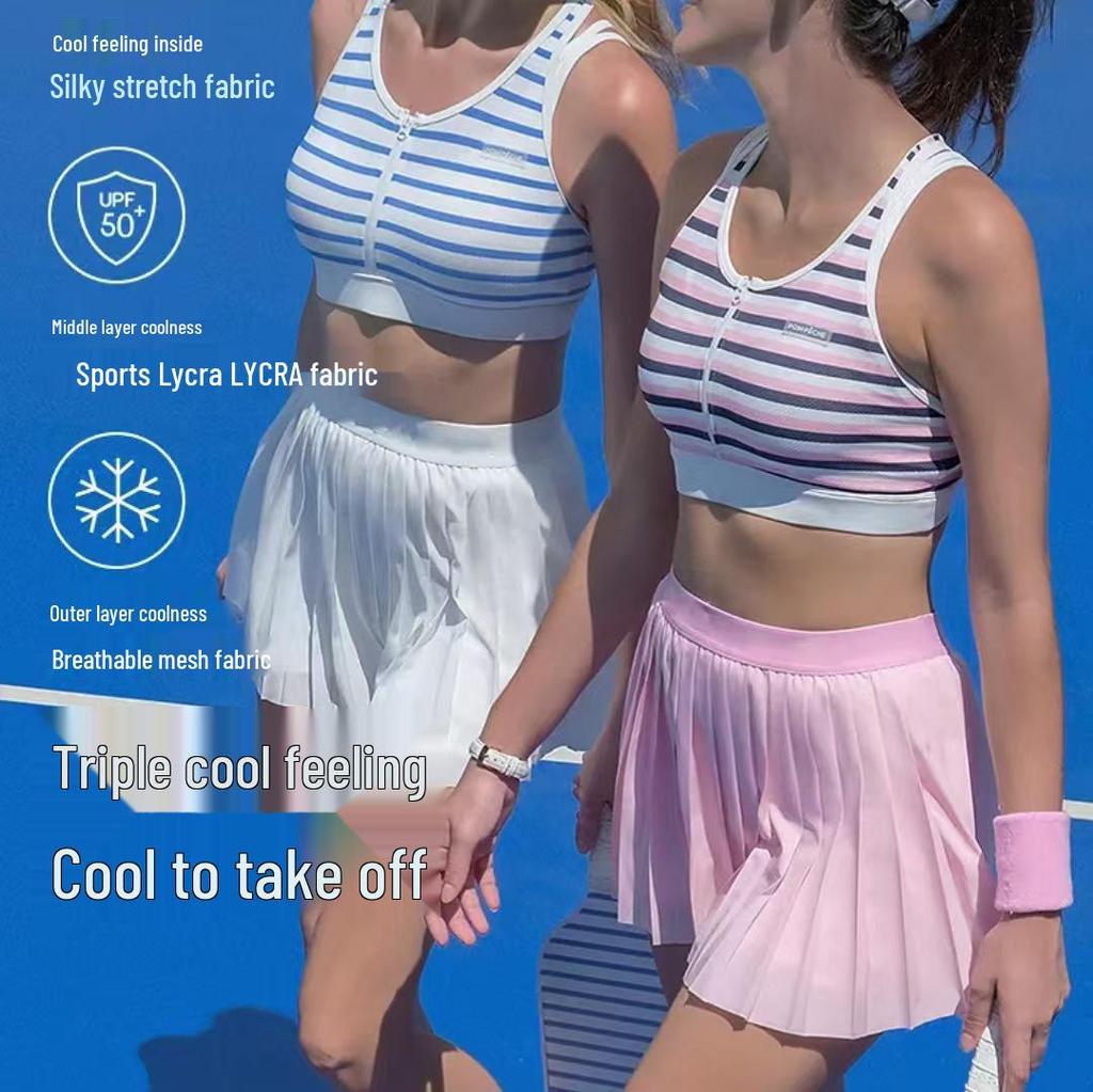 Stylish Navy Striped Women's Shockproof Yoga Vest – Breathable, Tight-Fit with Beautiful Back Design