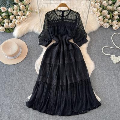 High Waist O Neck Lantern Sleeve Mujer Patchwork Lace Hollow Out Senior Slim Fit French Style Ruched Robe New Dress