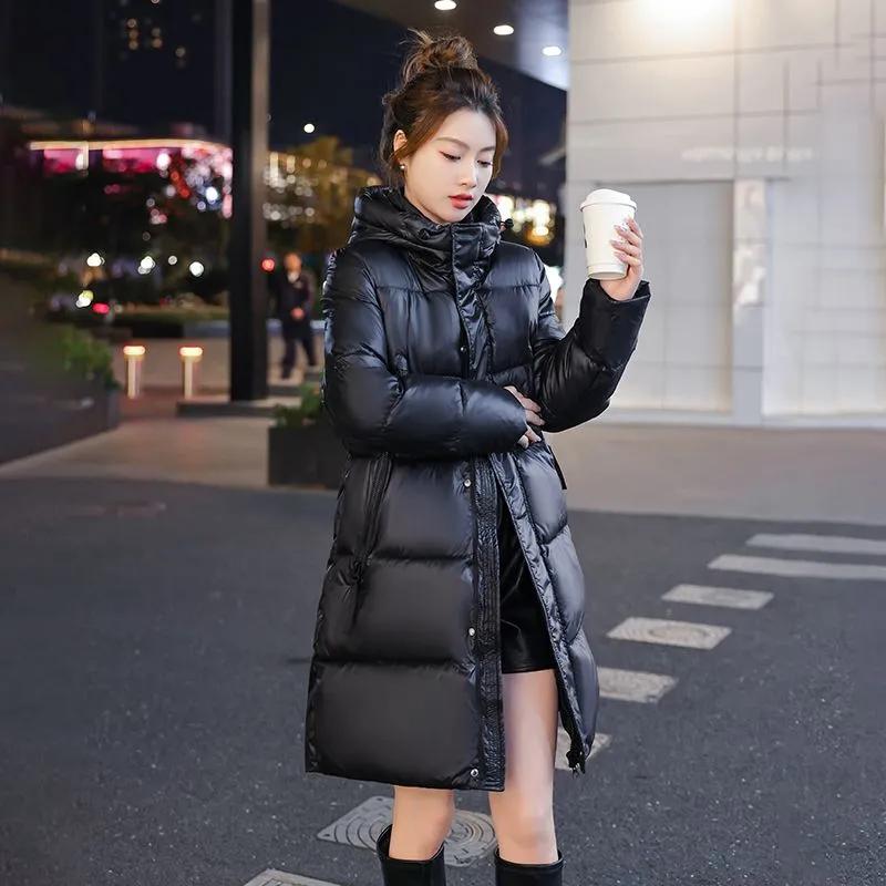 Casaco Grosso de Inverno com Penas Jaqueta Puffer Longa Quente e Fofa Feminina Parkas Casaco de Moda Feminina com Capuz