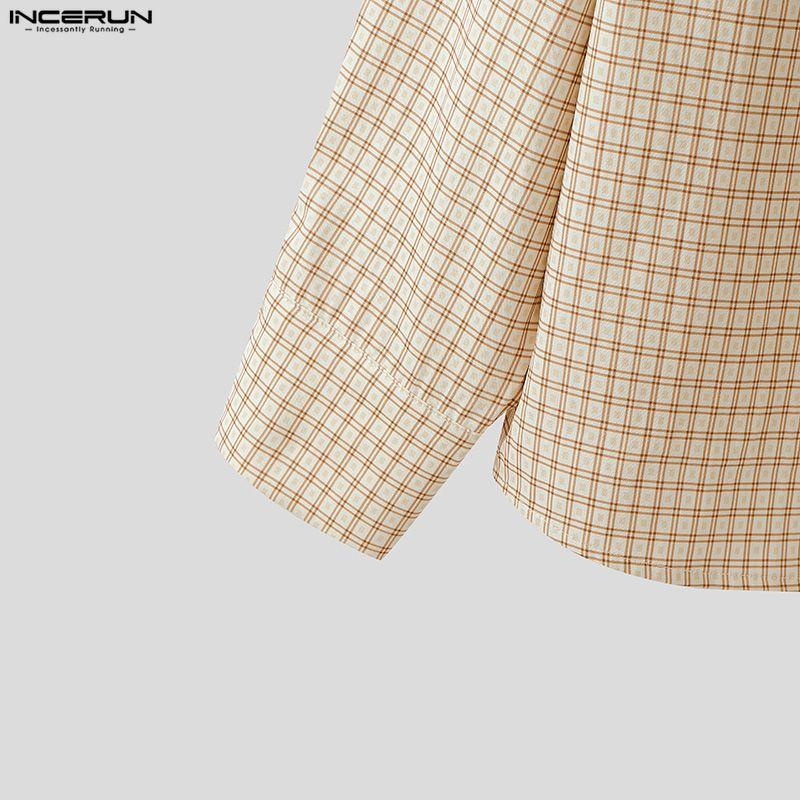 INCERUN Oversized Men Lapel Neck Long Sleeve Buttons Double Layers Casual Plaid Shirts