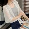 Women's V Neck Three Quarter Ruffle Sleeve Chiffon Cardigan Loose Fit Solid Color Tie Front Short Sun Protection Sheer Cover Up Summer Shawl