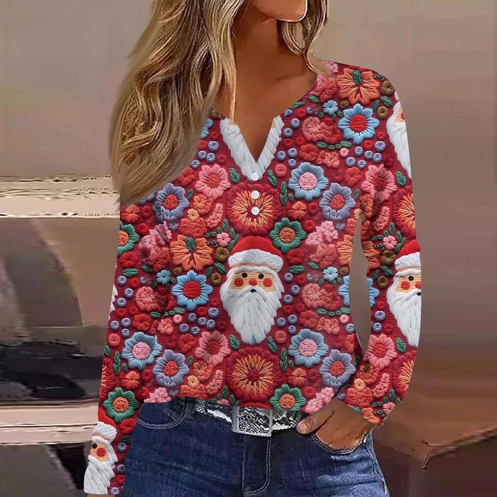 Women's Fashion Casual V-Neck Button-Up Long-Sleeve T-Shirt With Christmas Print Top