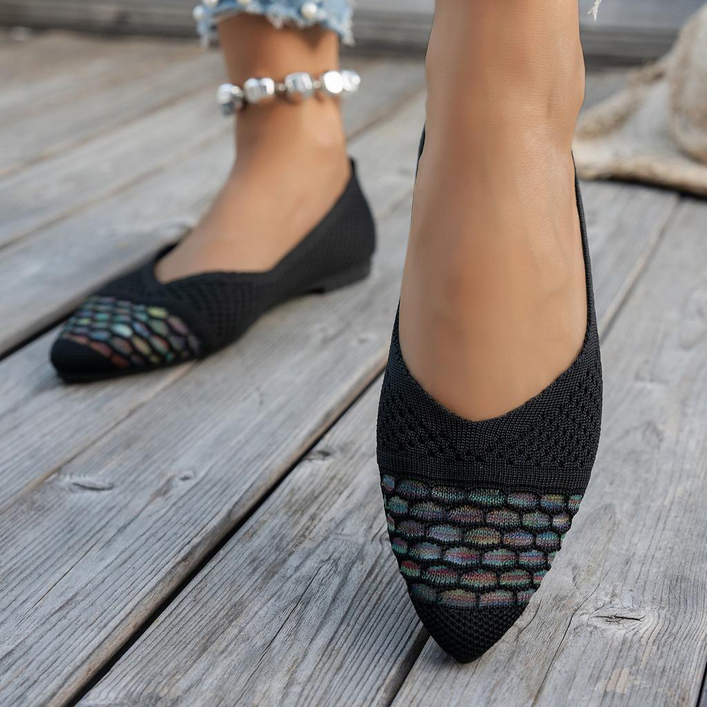 Women's Wide Width Flyknit Pointed Toe Flats - Color Block Slip-On Shoes with Cushioned Sole, Breathable Everyday Casual Shoes for Women