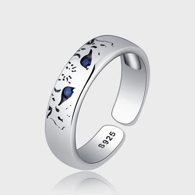 Vintage Blue Eyes 925 Silver Guardian Wilderness Snow Leopard Couple Ring Female Trend Personality Index Finger Ring Open Ring