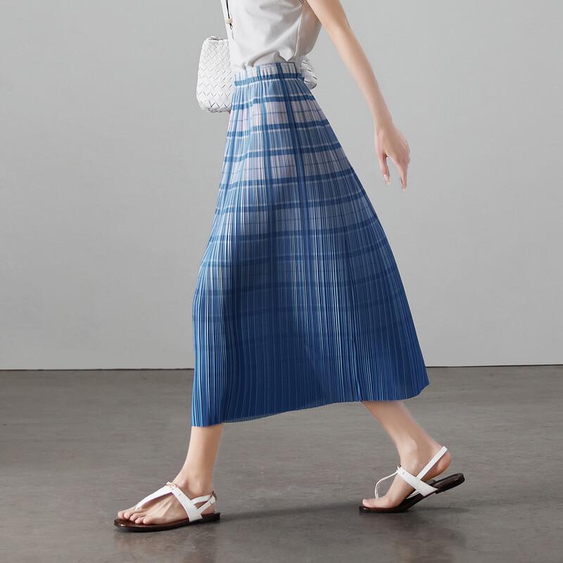 SOFSIL Gradient Plaid Pleated Straight Skirt L