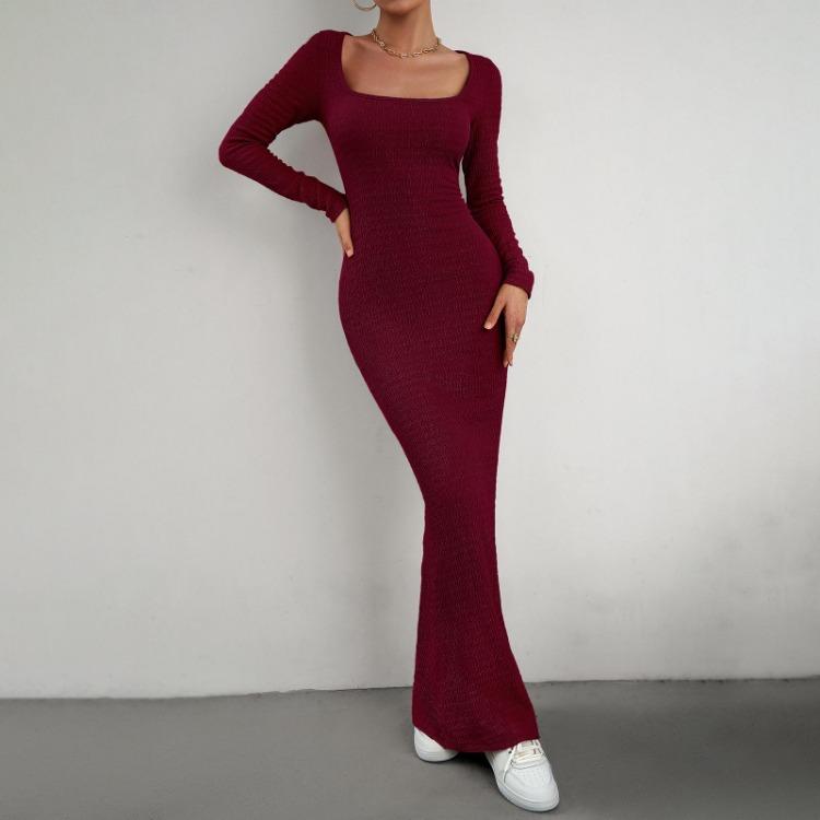 Rochie Tricotată Toamnă Femei Culoare Solidă Croială Slim Fit Mânecă Lungă Gât Pătrat