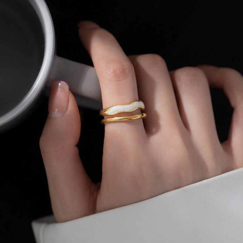 

Кольцо открытое из серебра 925 пробы с двойным слоем волны - Женская корейская мода, Изысканное простое кольцо на указательный палец в холодном стиле. Adjustable