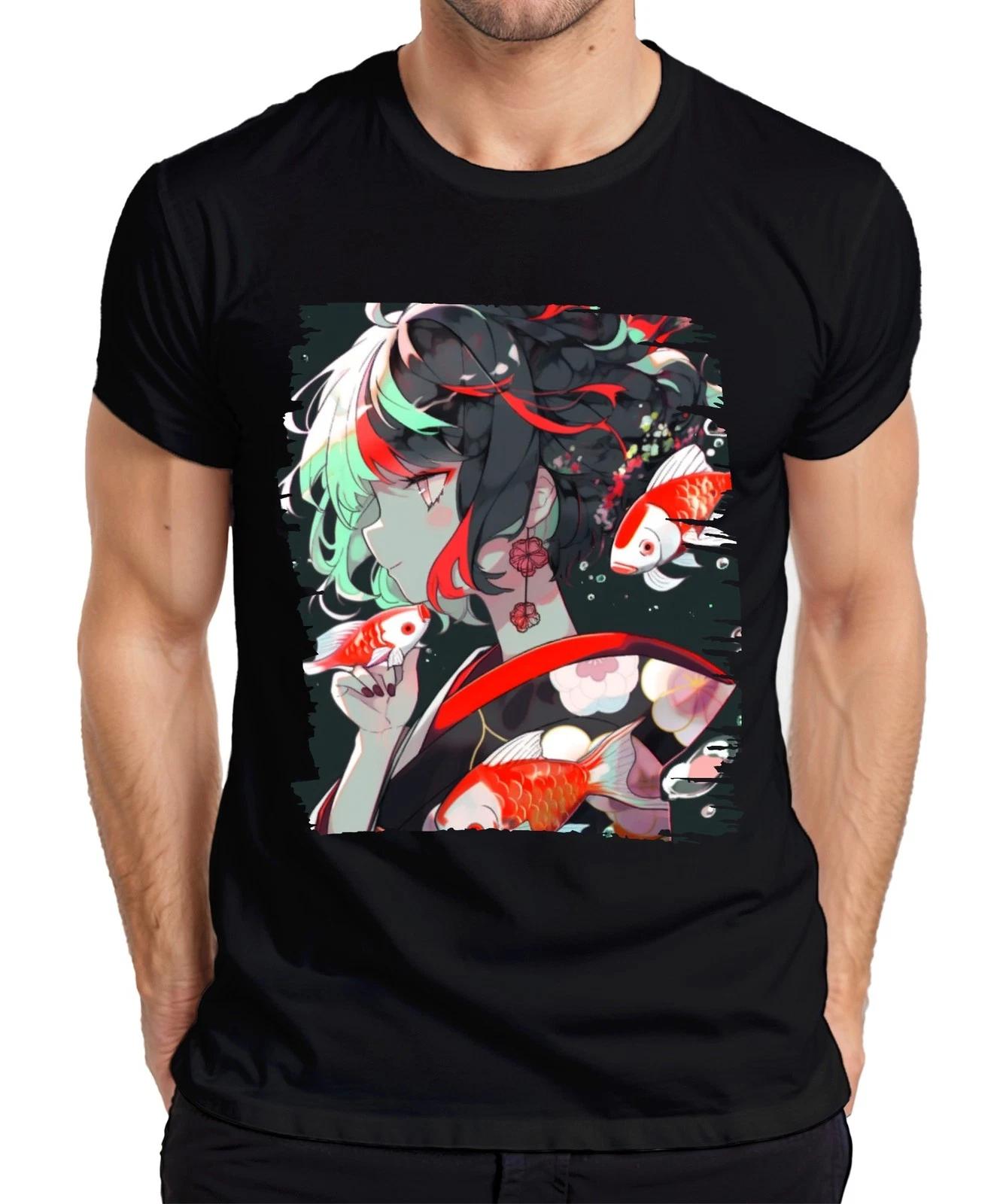 Anime Mädchen im Kimono Koi Karpfen Japanische Kunst Illustration Herren T-Shirt XXXL