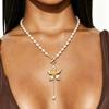 European and American Flower Pendant Y-shaped Necklace, Gentle Temperament Imitation Pearl Collarbone Chain Woman