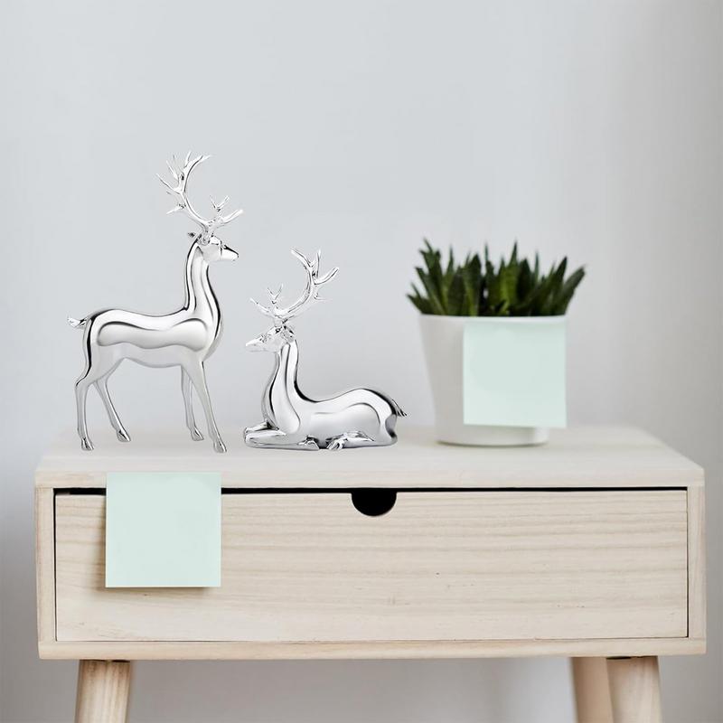 Silver Deer 2PCS Electroplated Silver Deer Figurine Handicraft Piece Resin Sculpture Christmas Center Table Decorations For