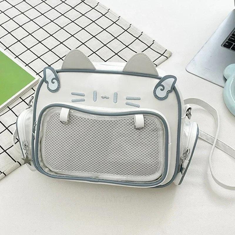 Women's Fashion Backpacks Y2K Style Japan Kawaii Cat Ita Bag PU Cute Girls Transparent Pocket Aesthetic Shoulder Crossbody Bags