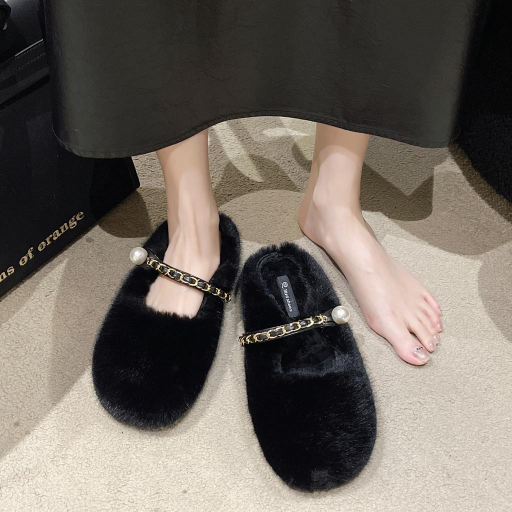 New Style Women's Autumn and Winter Thick Bottom Plush Cotton Slipper Outside Wear Baotou Soft Bottom Slippers Pearl Accessories
