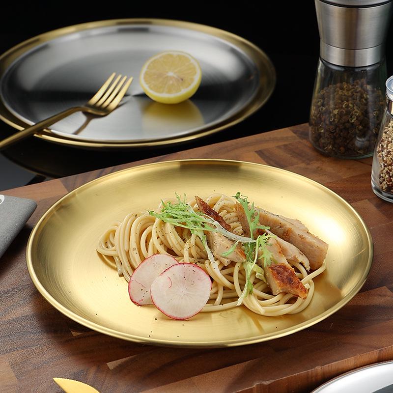 Runde Schale im koreanischen Stil aus 304er Edelstahl für Hot Pot und Barbecue - Fleisch-Präsentations- und Knochenspuckplatte mit individuellen Logo-Optionen.