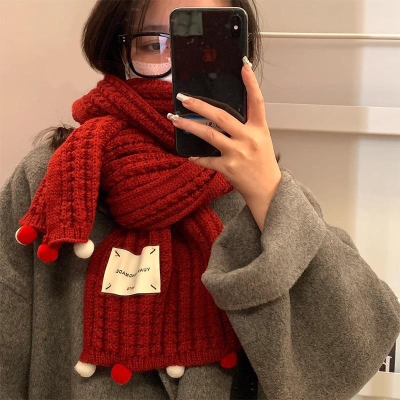 Women's autumn and winter versatile ball warm wool scarf New Christmas red knitted scarf for girls