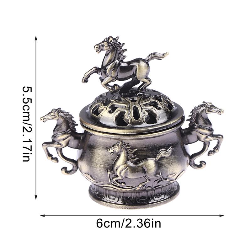 Retro Bronze Horse Embossed Incense Burner, Decorative Alloy Censer with Lid for Stick, Cone & Coil Incense