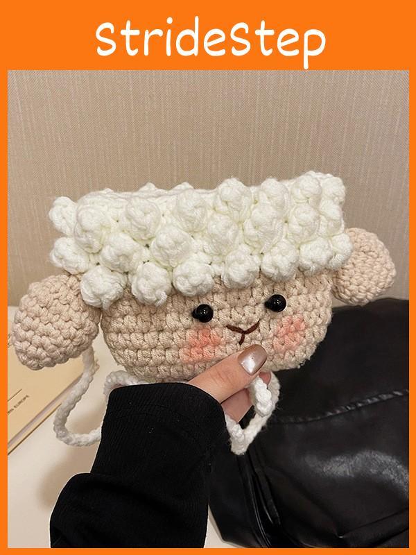Knitted Sheep Mini Bag For Kids With Snap Closure And Cell Phone Pocket For Daily Use