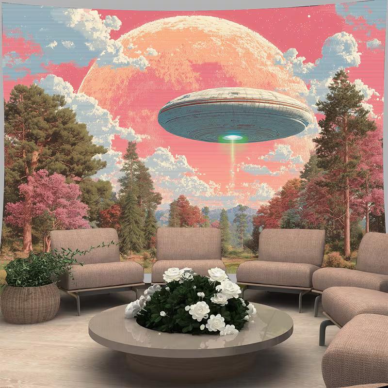 

2D Pixel Art UFO Forest Tapestry, Retro Alien Saucer with Pink Moon Wall Hanging 47.2x31.5inch/120*80cm