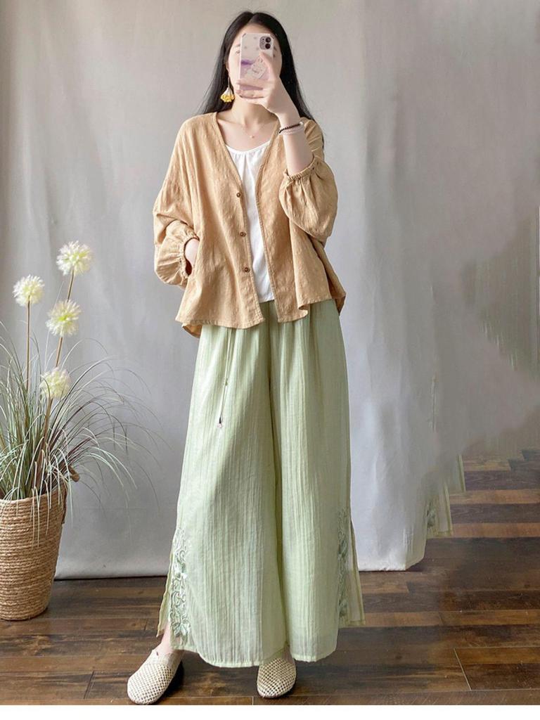 Spring/Summer Cotton Linen Jacquard Cardigan - Loose, Slim, Bat Sleeve, Sun Protection Long Sleeve Shirt