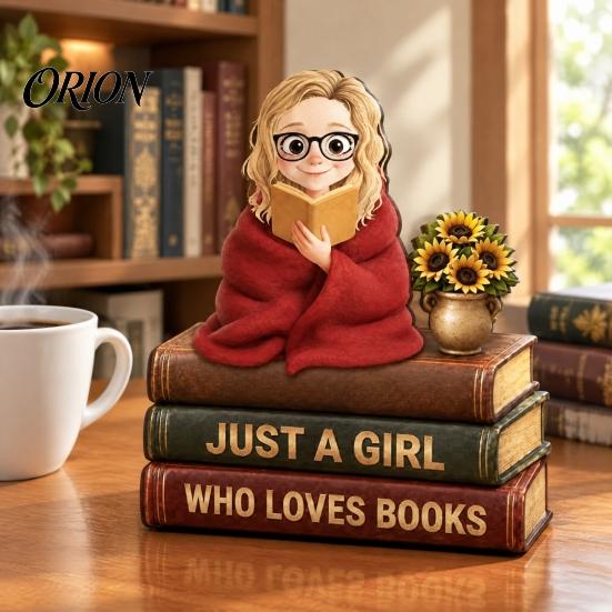 Detailed Wooden Craftsmanship 2D Flat Reading Girl Figurine with Stacked Book Design for Lovers, Small Ornament Bedside Table Decorative Tabletop