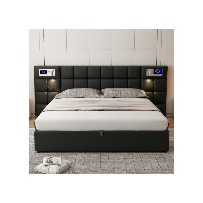 Lit Hydraulique - MUVOE - 180 X 200 Cm - Port USB - Chargeur Sans Fil - Lumière Intégrée