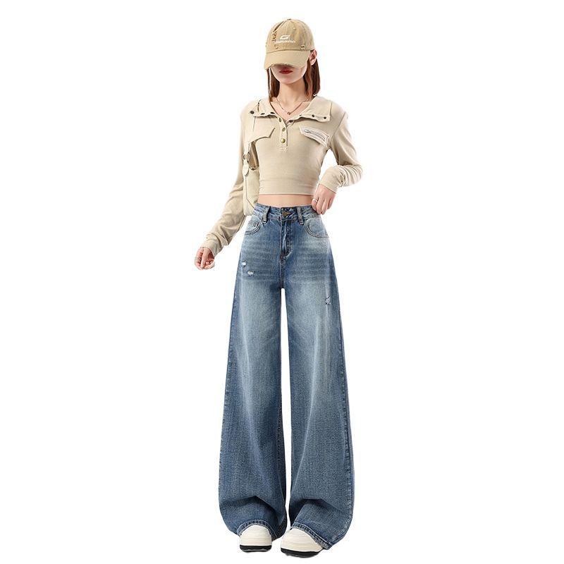 Spring Summer Vintage Blue Ripped Relaxed Straight Wide Leg Trendy Denim Pants Ladies Casual Pants Oversize Denim Trousers