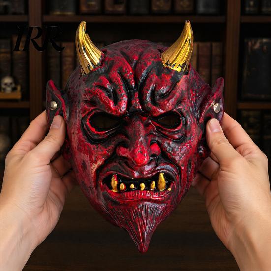 Full Face Mask Halloween Red Devil Cosplay Mask, Creepy Golden Horned Demon Latex Breathable Masquerade Costume Party for Men Adults Scary