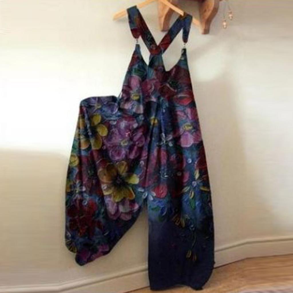 Women's Plus Size Fashion Printed Loose Casual Strap Back Wide Leg Jumpsuit