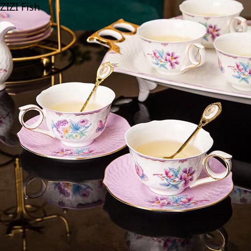 Purple Garden Series Cup&saucer Flowers Pattern Coffee Mug Dining Table Milk Mugs Afternoon Tea Teacup Fruits Juice Container