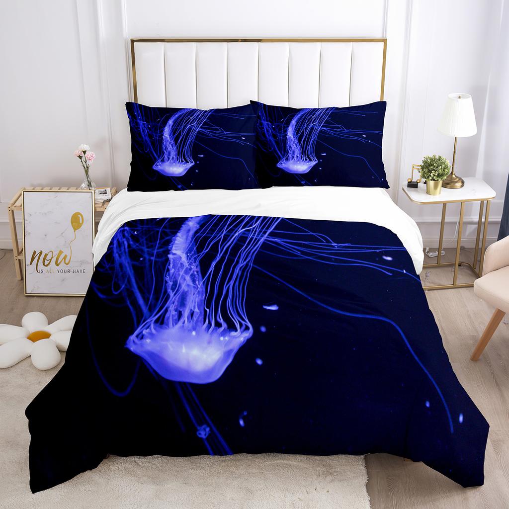 Jellyfish Duvet Cover Set Blue Sea Wild Animals Theme King Queen Size for Kids Teens Adult Polyester Bedding Set with Pillowcase