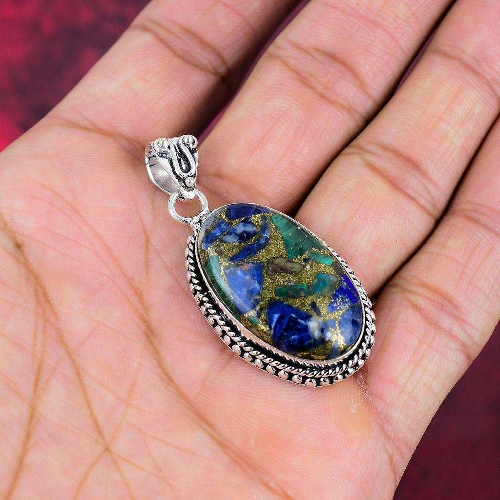 Pendentif en cuivre azurite malachite, bijoux en argent sterling massif 925, pendentif fait main, pour le Memorial Day