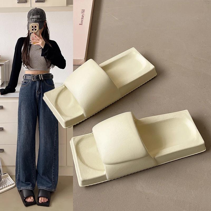 Fashion New Summer Women Home Slippers  Clogs Square INS Solid Flat Bottomed Non-Slip Girl Slides Home Indoor Bathroom Shoes