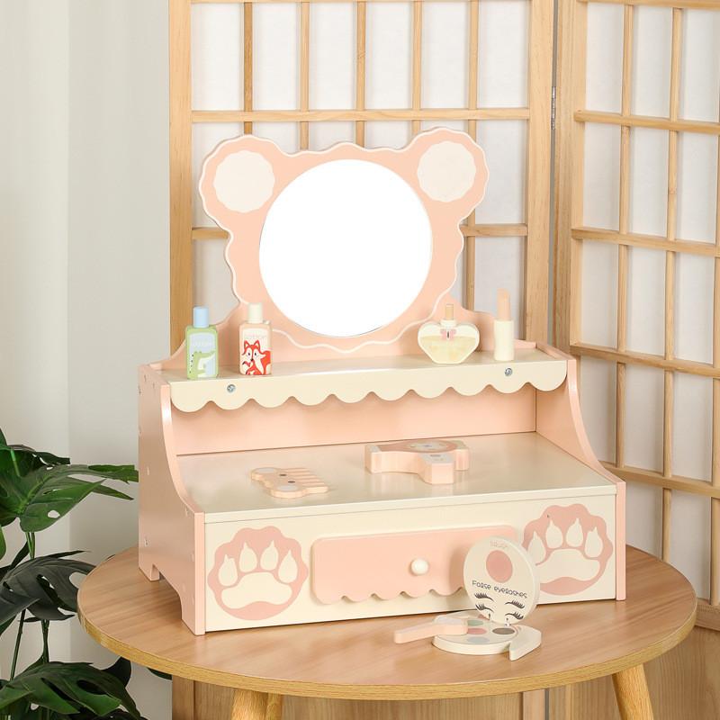Wooden Play Role Makeup Table Small Bear Design Child Creative Interactive Play