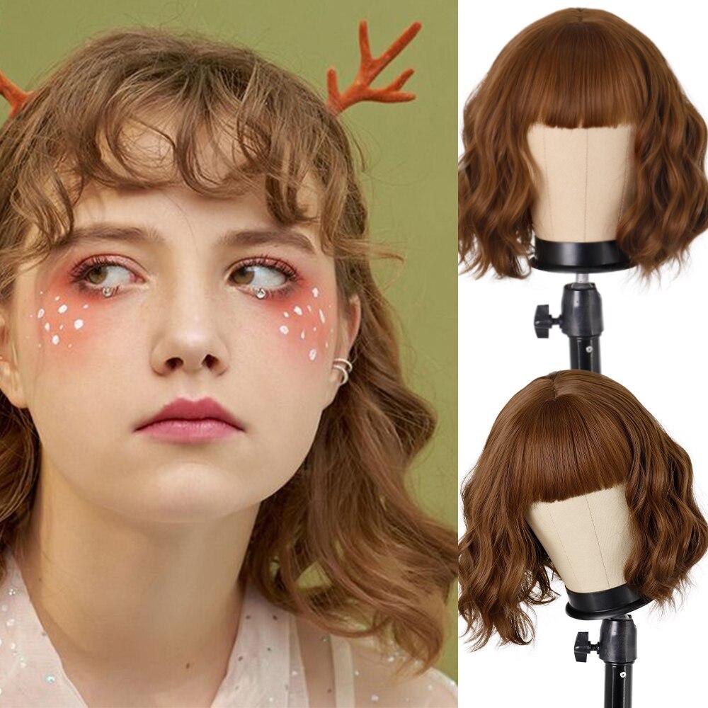MISS WIG Women Fashion Short Wavy Wig with Bangs Synthetic Fiber Pure White Wavy Wig Cosplay Halloween Party Wear