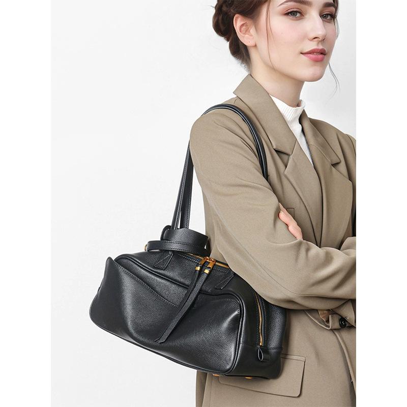 B-Bowling Genuine Leather New Rodeo Boston Bag Large Capacity Commuter Shoulder Crossbody Pillow Bag for Women
