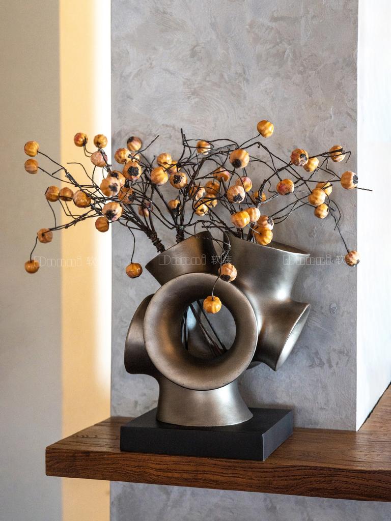 Ceramic Handicrafts Hollowed-out Pipe Flower Arrangement Retro Grey Ceramic Ornaments Abstract Geometric Pot Home Accessories