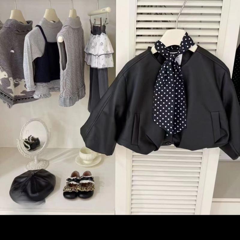 

Zhili Kids Girls Black Leather Jacket - Fashionable Short Coat for Autumn/Winter 2025 80cm