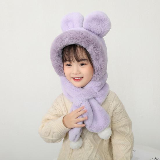 Children Hat with Bear Ear Decoration Solid Color Thickened Plush Warm Hat Scarf Set