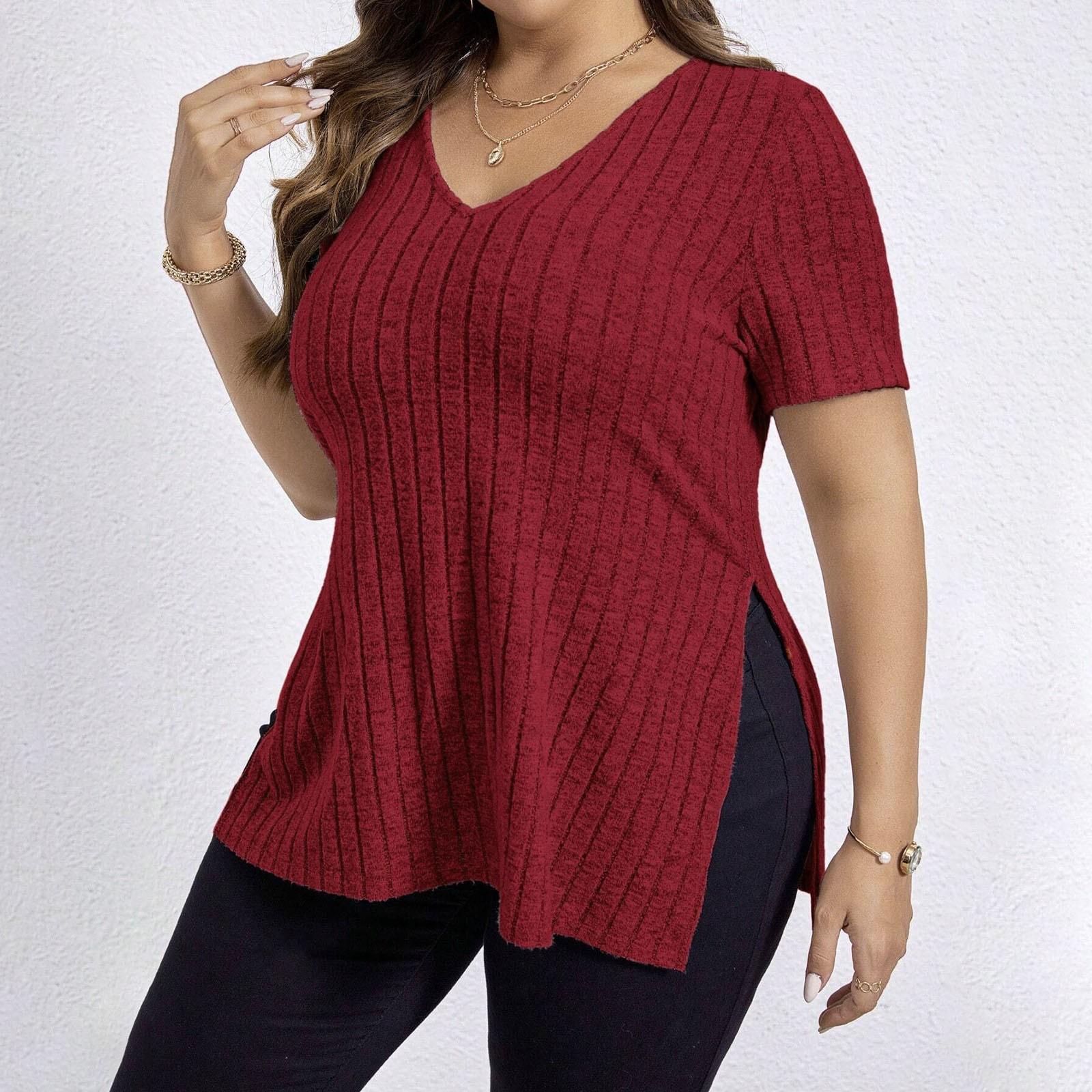 

Весна/літо, новий однотонний жіночий топ у смужку з V-подібним вирізом і короткими рукавами, розділений пуловер XL червоний