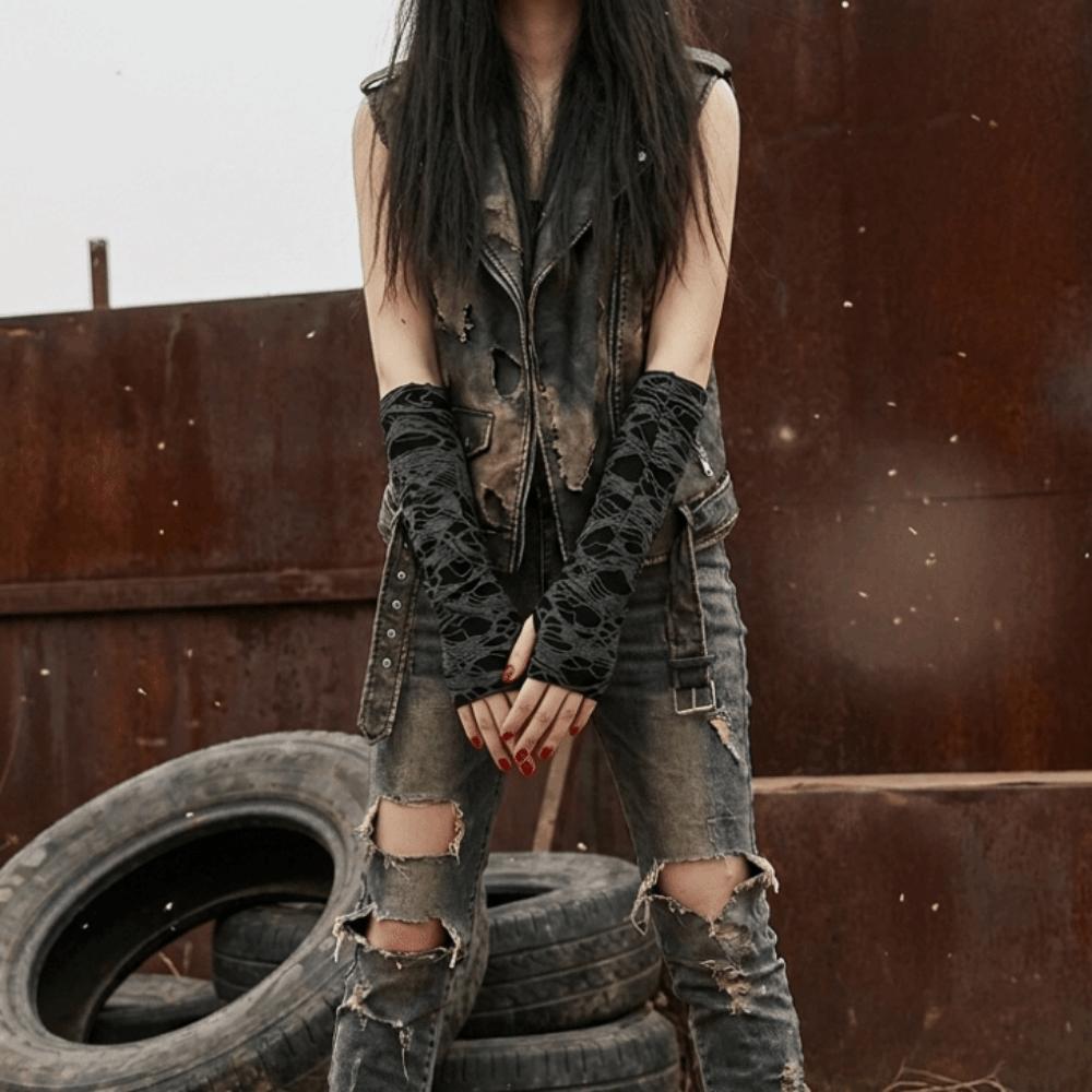 Distressed Style Punk Gloves Dark Style Hollow Out Arm Sleeves Fingerless Arm Warmers Daily Wear