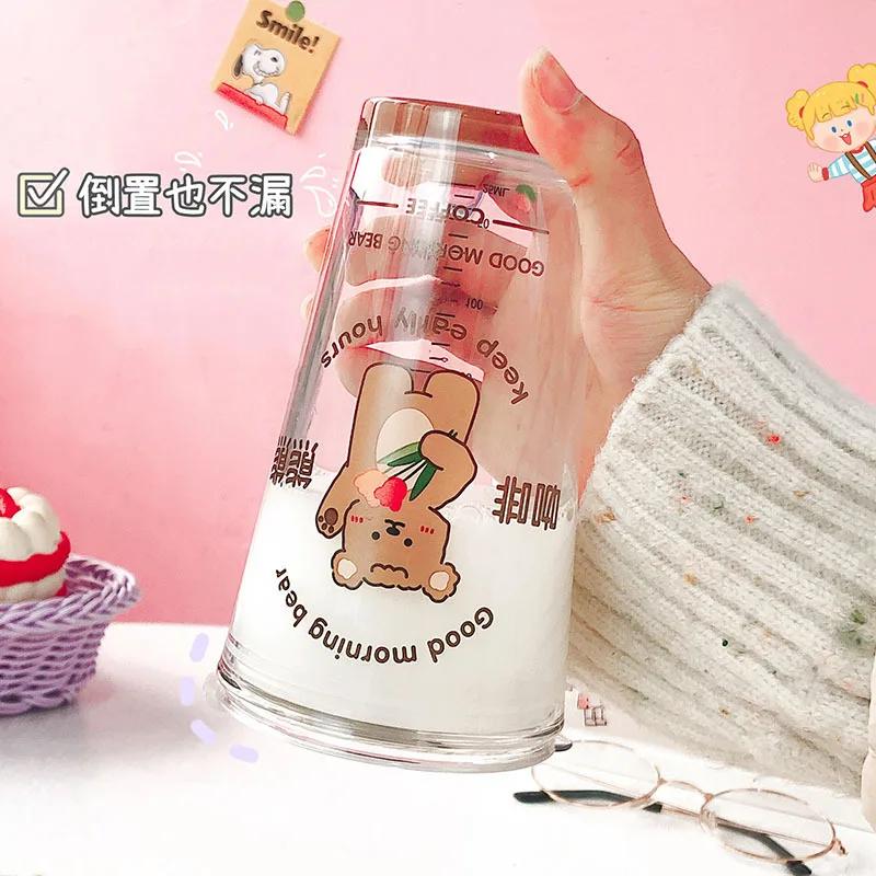 New 480ML Kawaii Glass Straw Cup with Cover Cartoon Water Cup Drinkware Juice Tea Coffee Milk Cup Glass Mugs Gift
