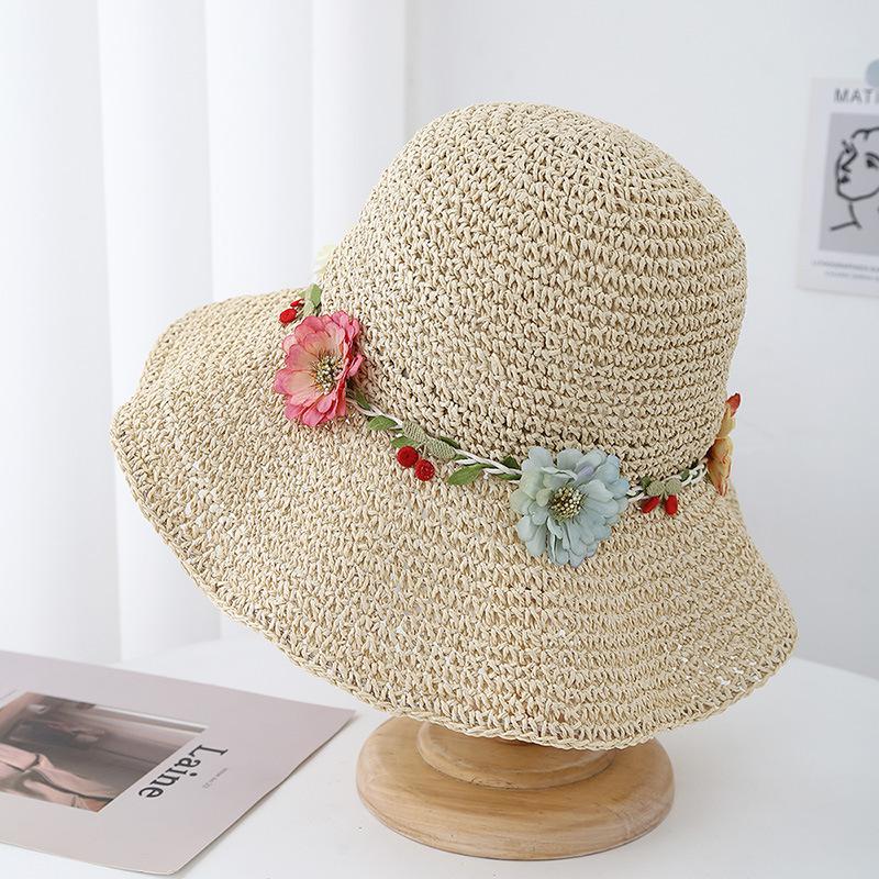 Summer Hats For Women Flower Rope Wide Brim Sun Hat Lady Foldable Sunhat Sunscreen Beach Accessories Seaside Holiday New