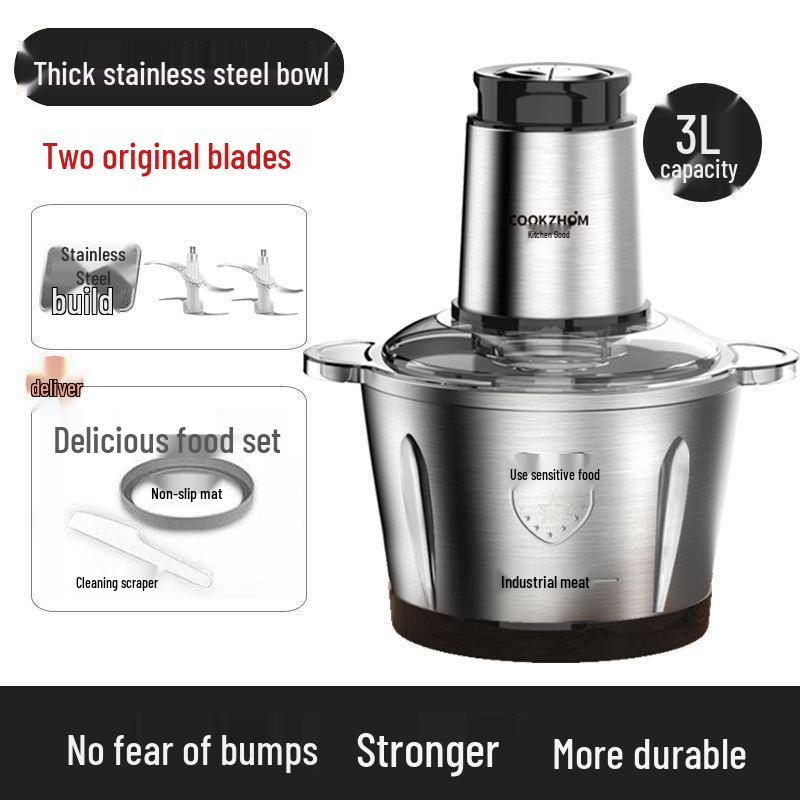 Moedor e Processador de Alimentos Elétrico Multifuncional de Aço Inoxidável para Picar, Misturar e Moer Carne, Alho e Vegetais.
