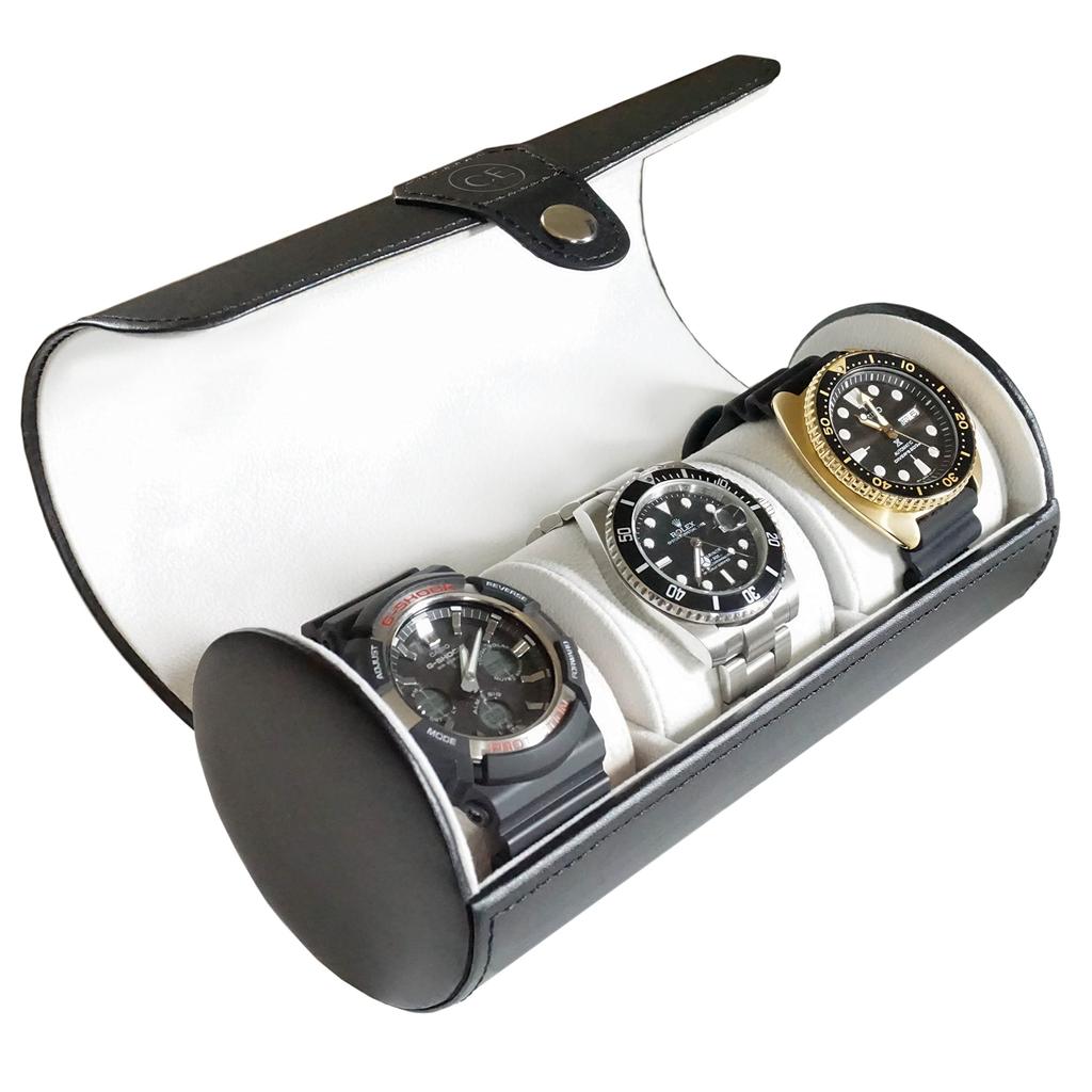 Case Elegance Wrap-around Watch Case, Faux Leather Watch Case, Portable Storage Box (Black, 3 Slots)