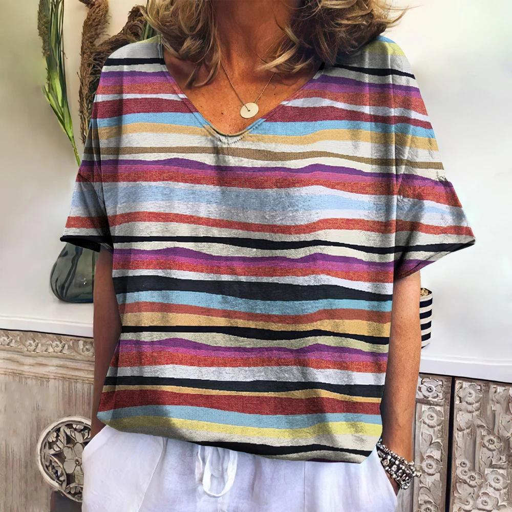 Vintage Women's T-Shirts Striped Print Summer Short Sleeve Tees Fashion Casual Tops Women Streetwears Loose Female Clothing