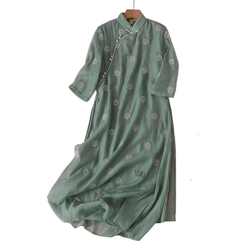 Summer Double-Layer Zen Tea Ceremony Women's Floral A-line Dress