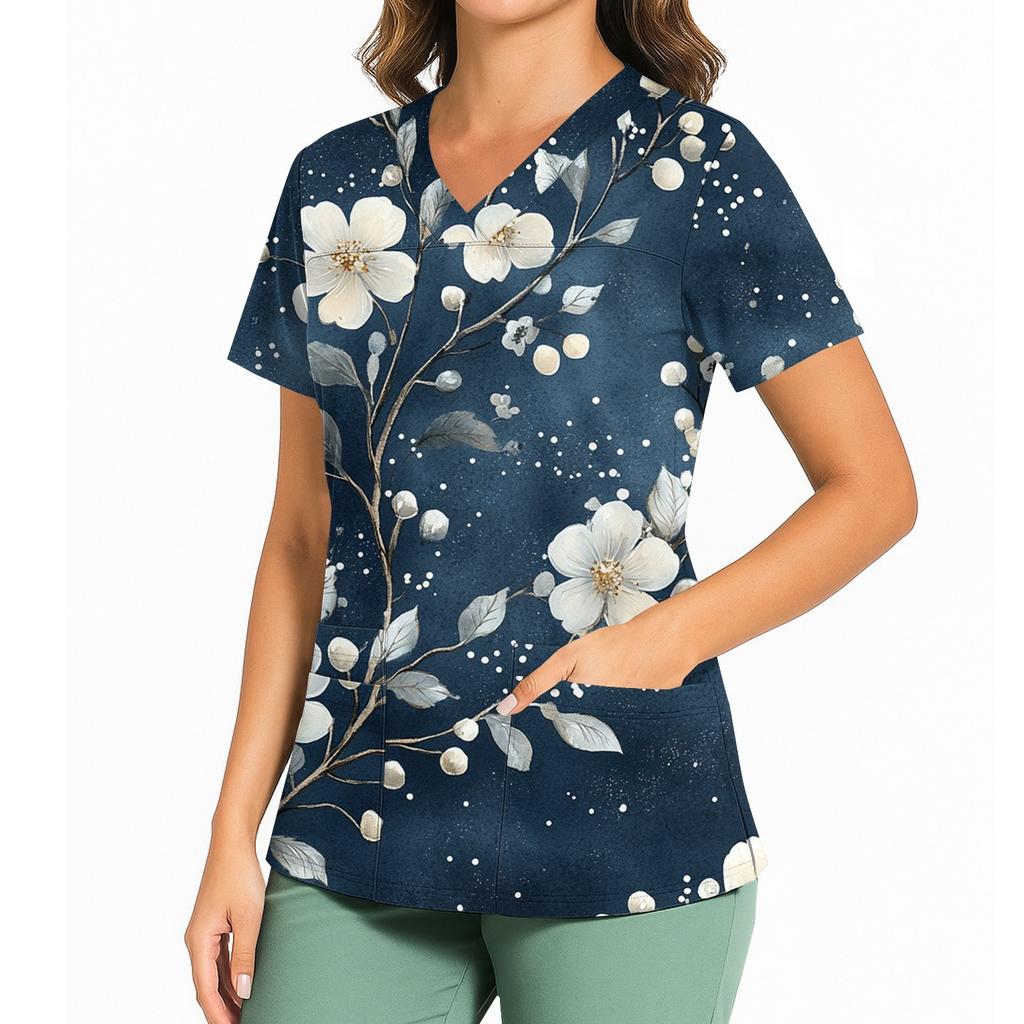 Women's Floral Print V Neck Medical Scrub Top with Side Slits Short Sleeve Professional Nurse Uniform Shirt for Healthcare Workers