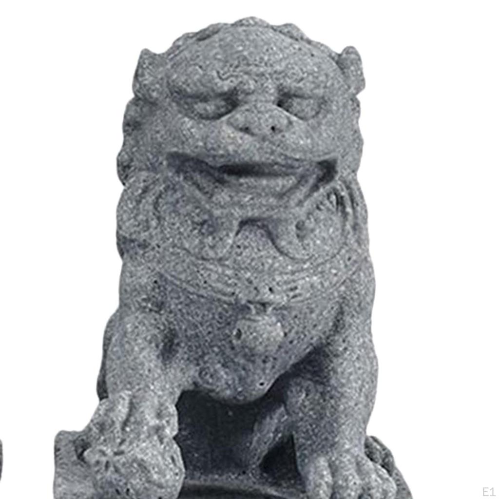 Asian Style 2Pcs Lions Statues Garden Sculptures Miniature Sandstone Home