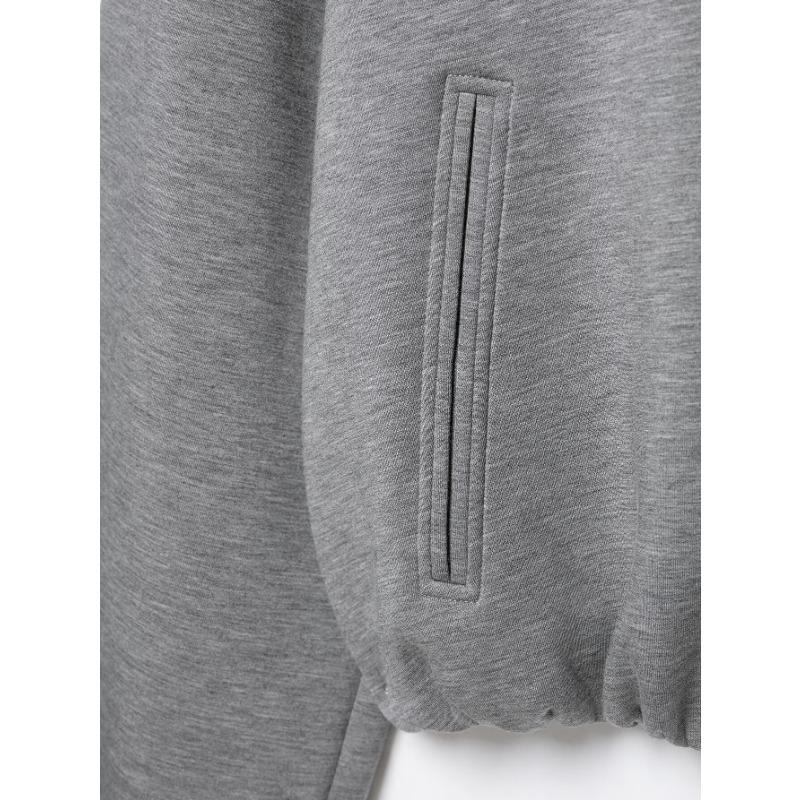 Women Hooded Zip Up Light Gray Sweatshirt Jacket Lantern Sleeve Short Length